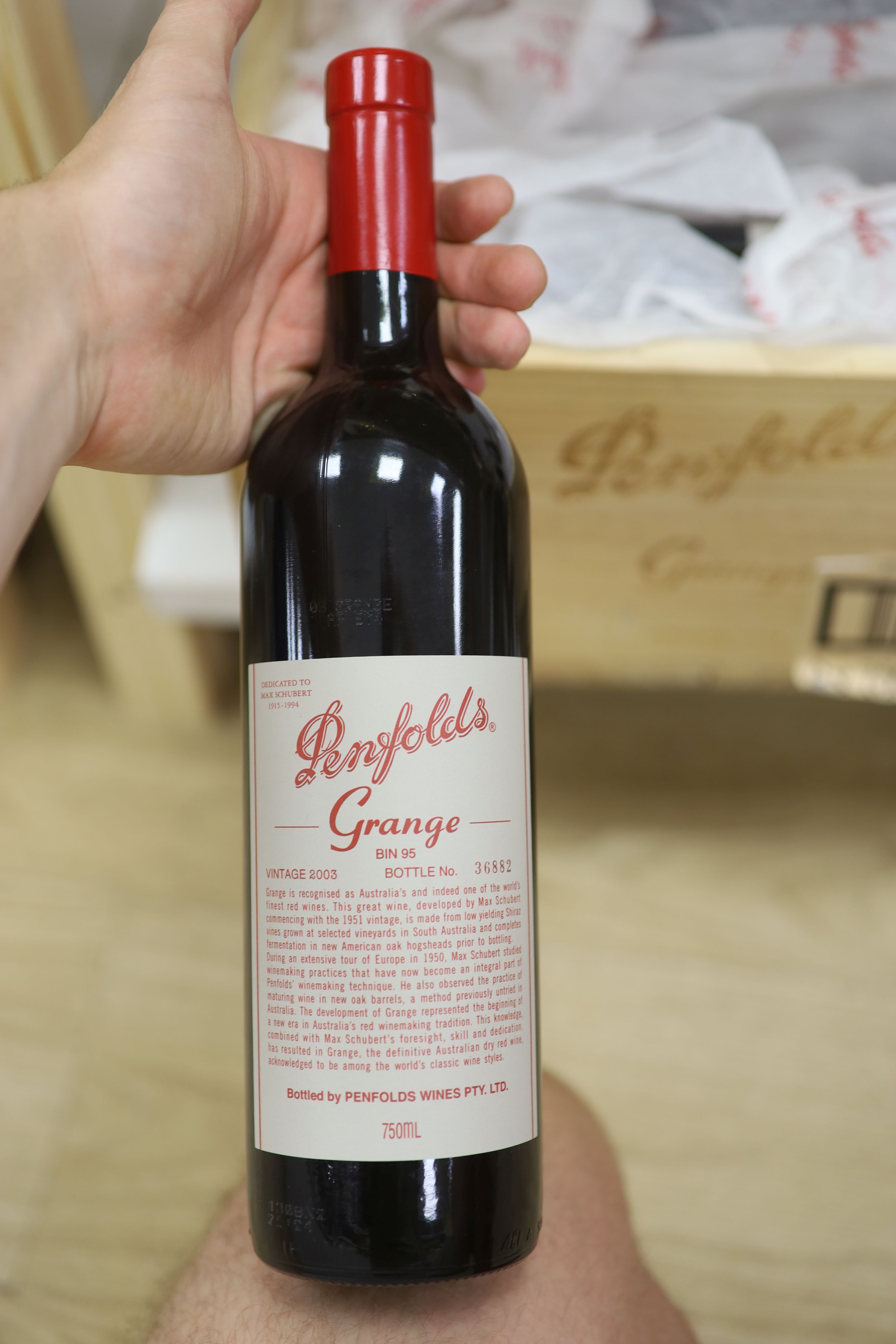 A case of six Penfolds Grange, 2003, in wooden box.